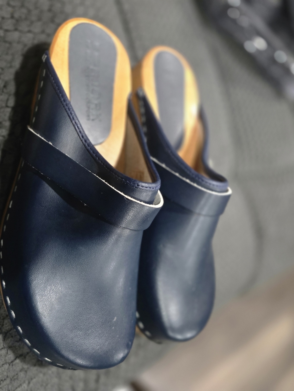 Comfort-Soled Navy Leather Clog Mule